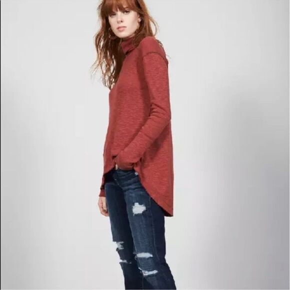 Free People- We the Free- Flyaway Back Marled Turtleneck Thermal Rust Red Top, L - Picture 1 of 13